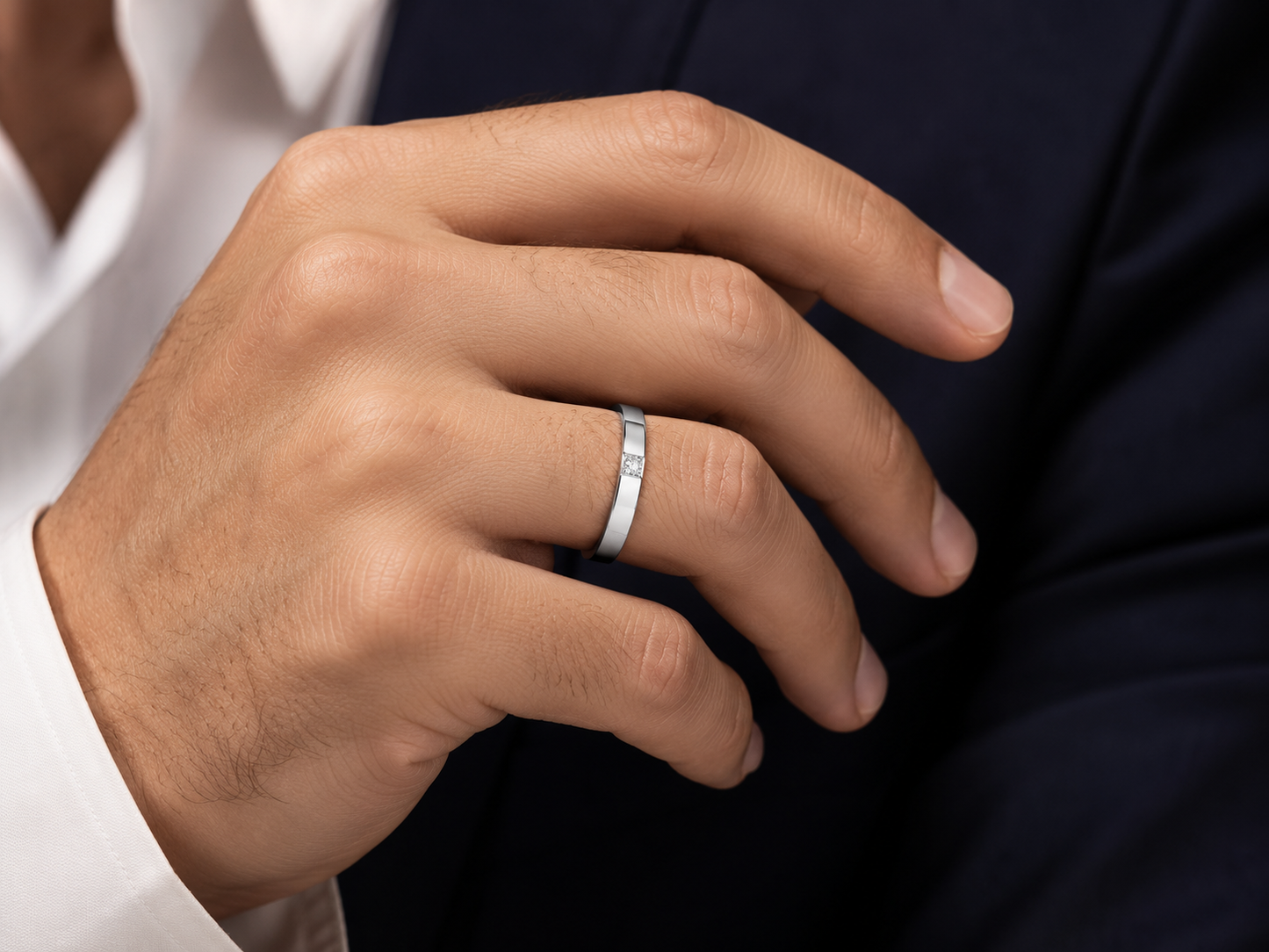 Men’s Natural Diamond Flat Band Ring – 14K White Gold, 0.10 ct Flush-Set Accent
