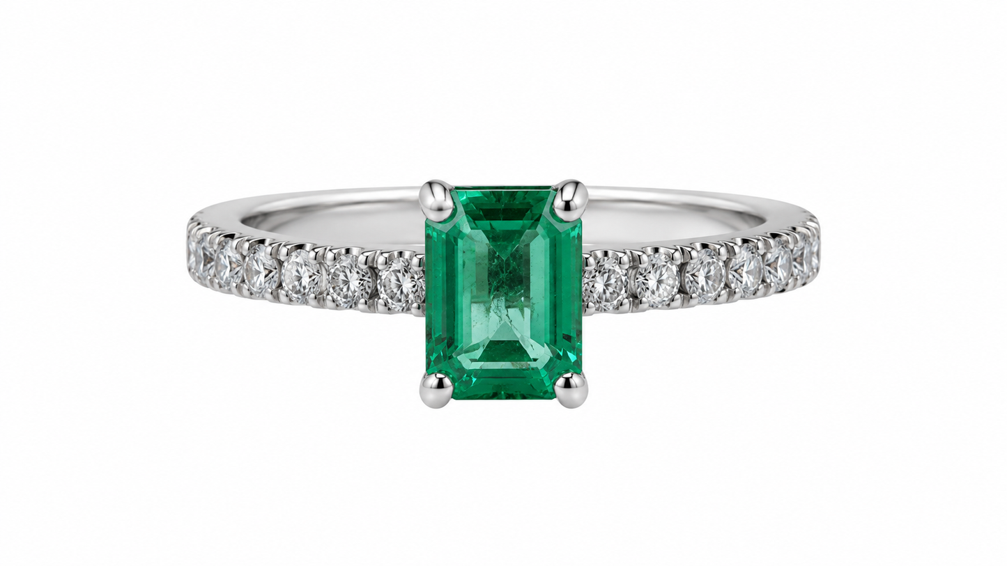 Emerald Cut Emerald Ring 0.95ct in 14K White Gold with 0.35ct Natural Diamonds