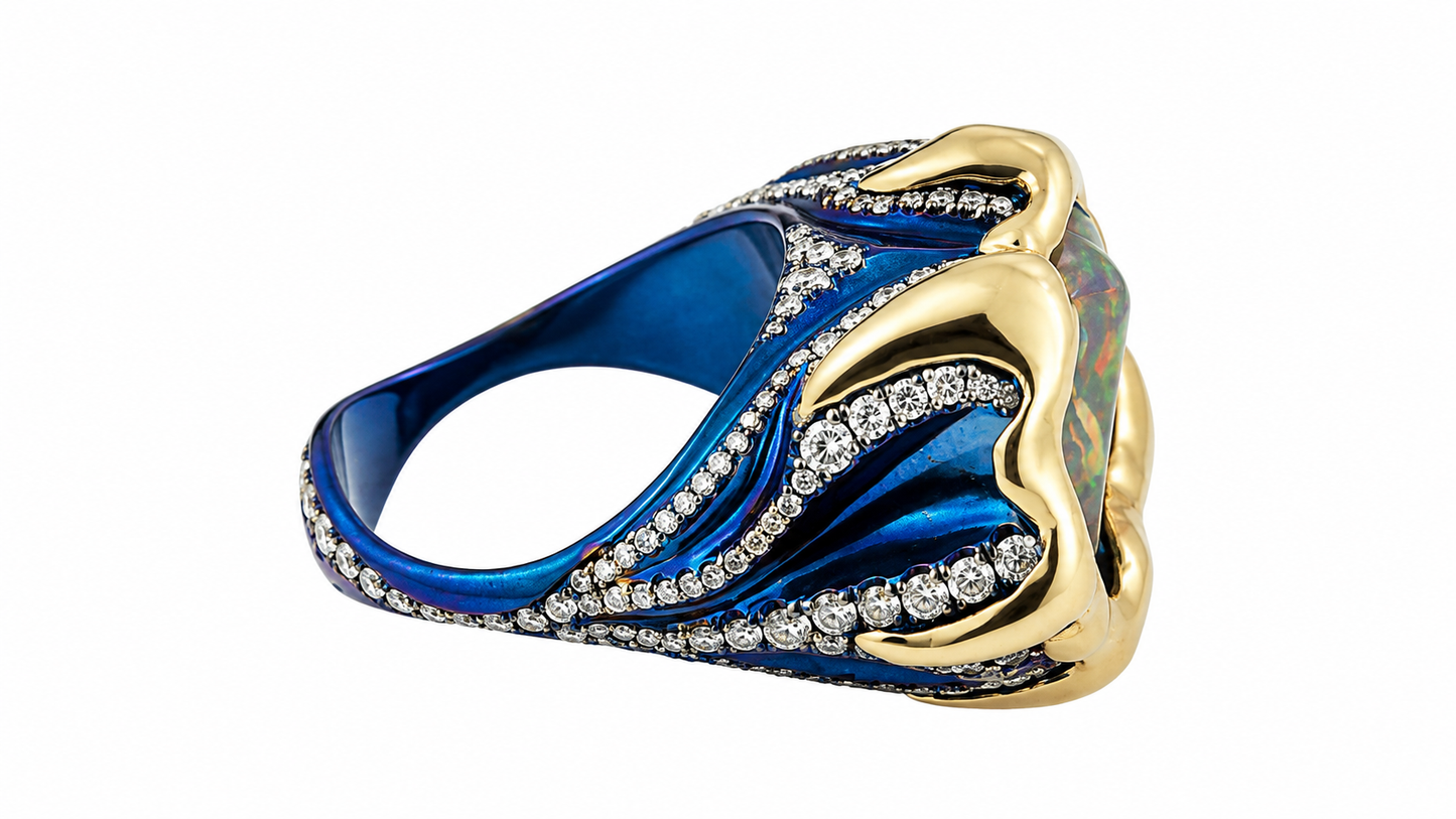 Statement Ring in Titanium & 14K Yellow Gold with Opal and Natural Diamond Accents