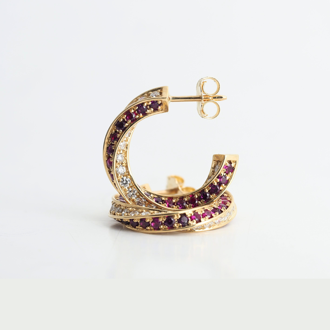 14K Yellow Gold Ruby & Lab Grown Diamond Spin Earrings – 1 Ct Lab Diamonds, 1.3 Ct Ruby – 3/4 Inch Hoops