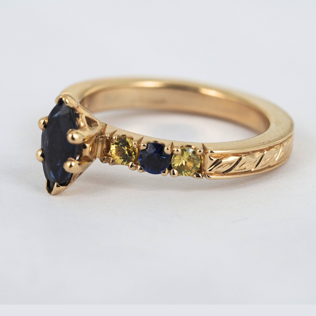 Ring Sapphire 14K Yellow Gold Marquise Blue and Yellow Sapphire