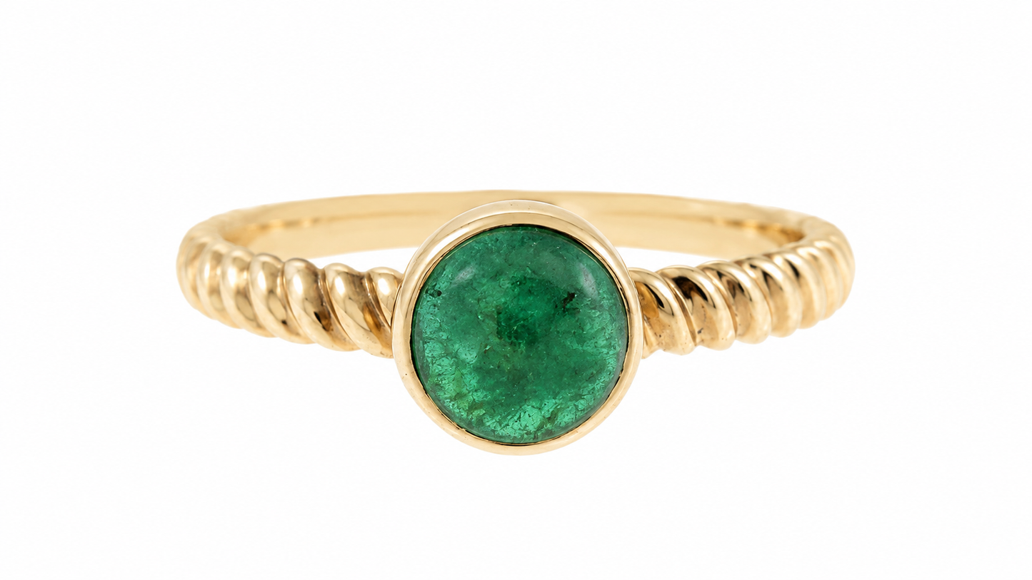Natural Emerald Rope Ring – 14K Yellow Gold, 1.21 ct Bezel-Set Cabochon