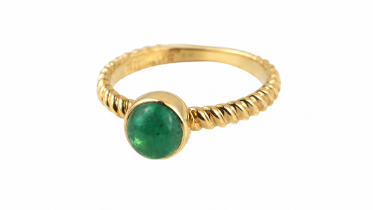 Natural Emerald Rope Ring – 14K Yellow Gold, 1.21 ct Bezel-Set Cabochon