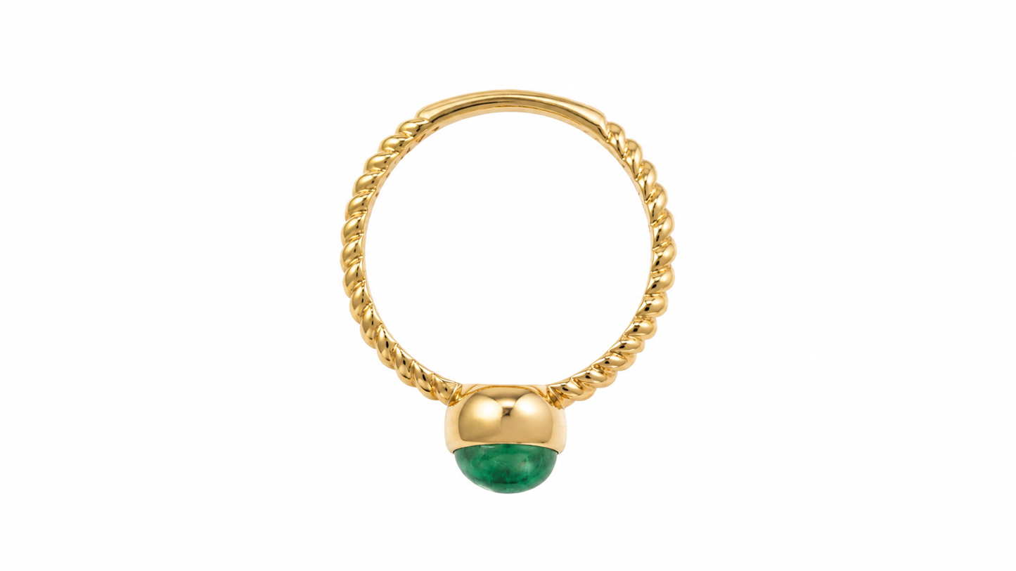 Natural Emerald Rope Ring – 14K Yellow Gold, 1.21 ct Bezel-Set Cabochon