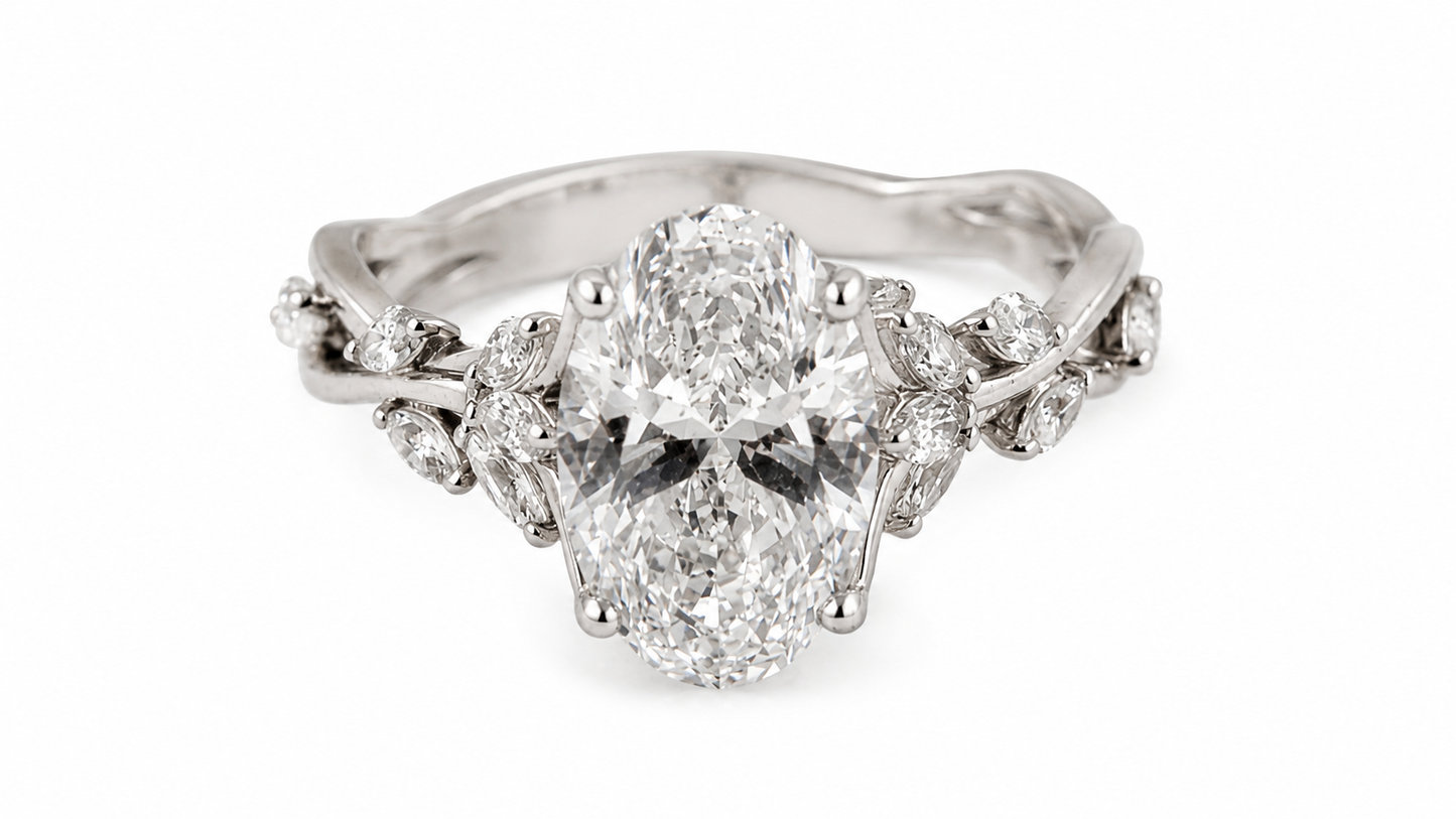 Aurora Bloom Oval Lab Diamond Engagement Ring in 14K White Gold, 2.04 Ct D VS1 Center Stone, 0.40 CTW Side Lab Diamonds