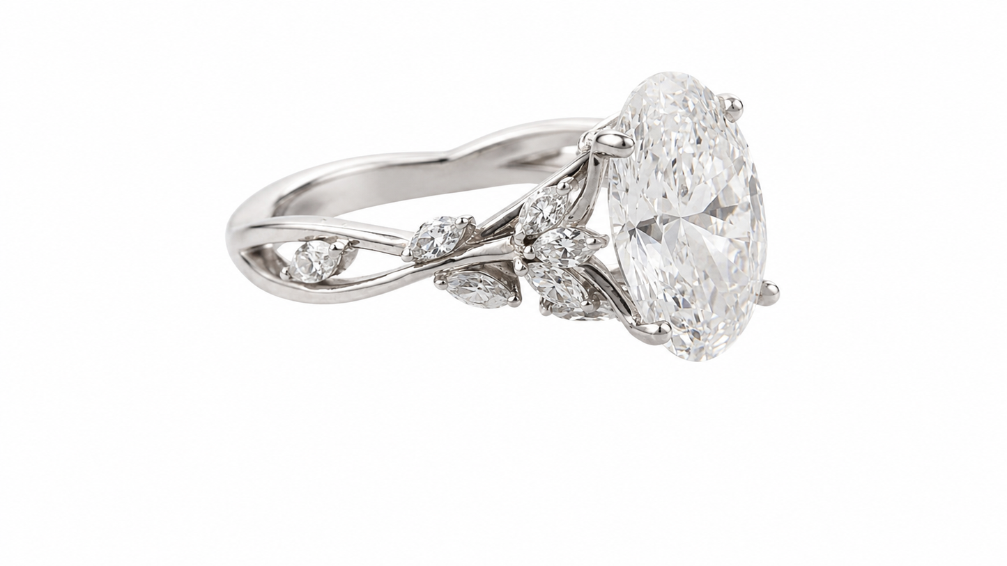 Aurora Bloom Oval Lab Diamond Engagement Ring in 14K White Gold, 2.04 Ct D VS1 Center Stone, 0.40 CTW Side Lab Diamonds