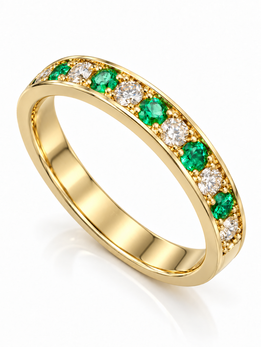 Diamond Ring in 14K Yellow Gold with Natural Belgian Diamonds & Emeralds (0.44 CT Total)