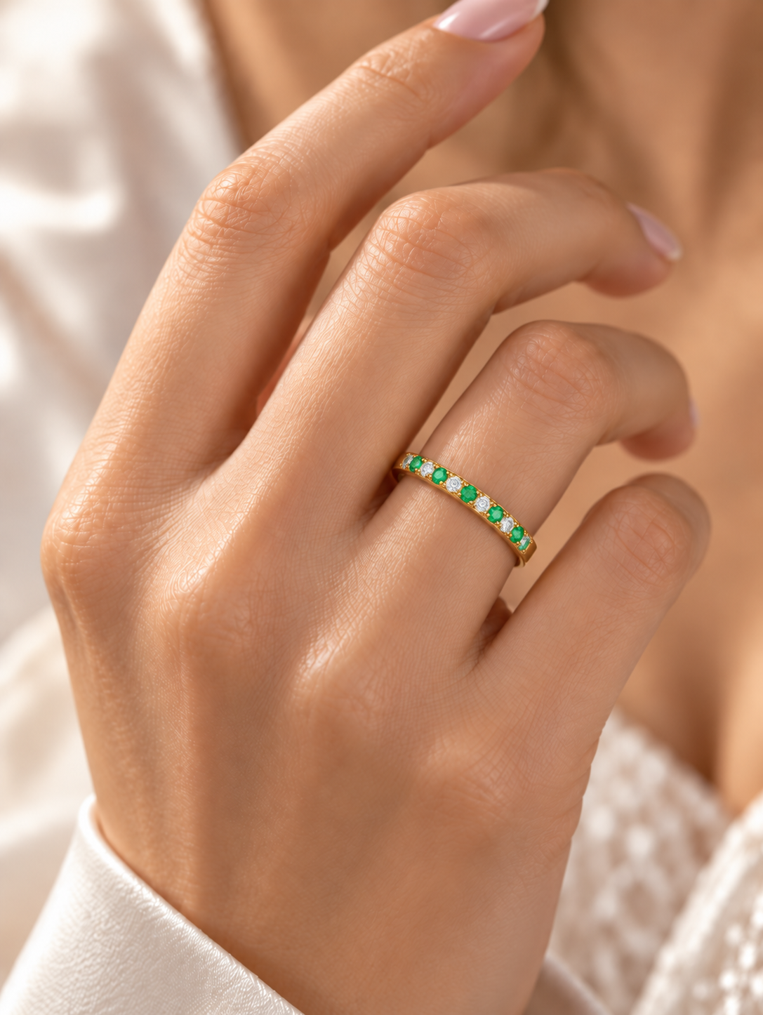 Diamond Ring in 14K Yellow Gold with Natural Belgian Diamonds & Emeralds (0.44 CT Total)