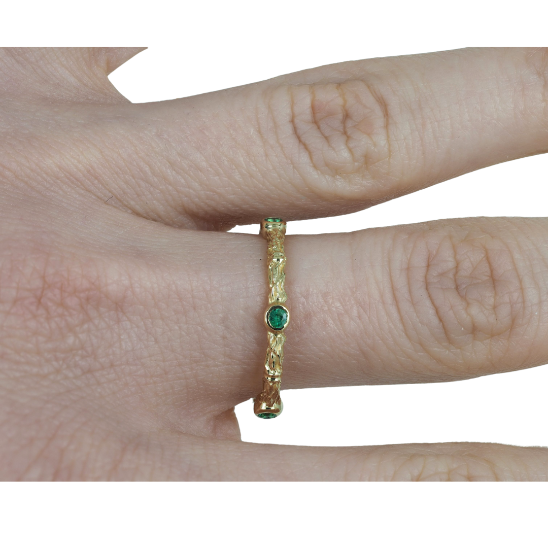 Emerald Ring 14K Yellow Gold Textured Band