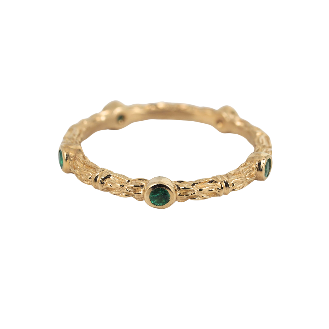 Emerald Ring 14K Yellow Gold Textured Band