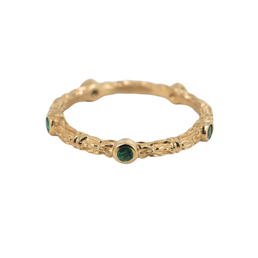 Emerald Ring 14K Yellow Gold Textured Band