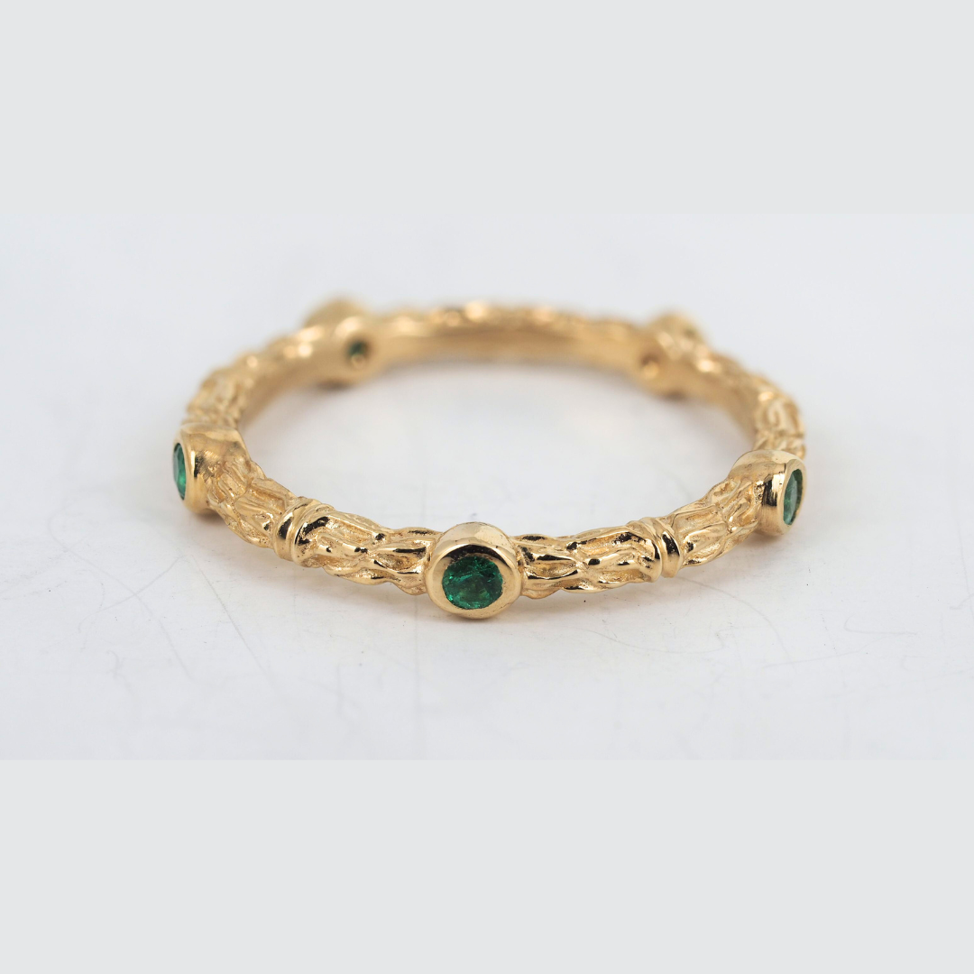 Emerald Ring 14K Yellow Gold Textured Band
