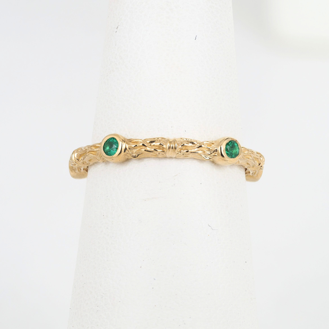Emerald Ring 14K Yellow Gold Textured Band