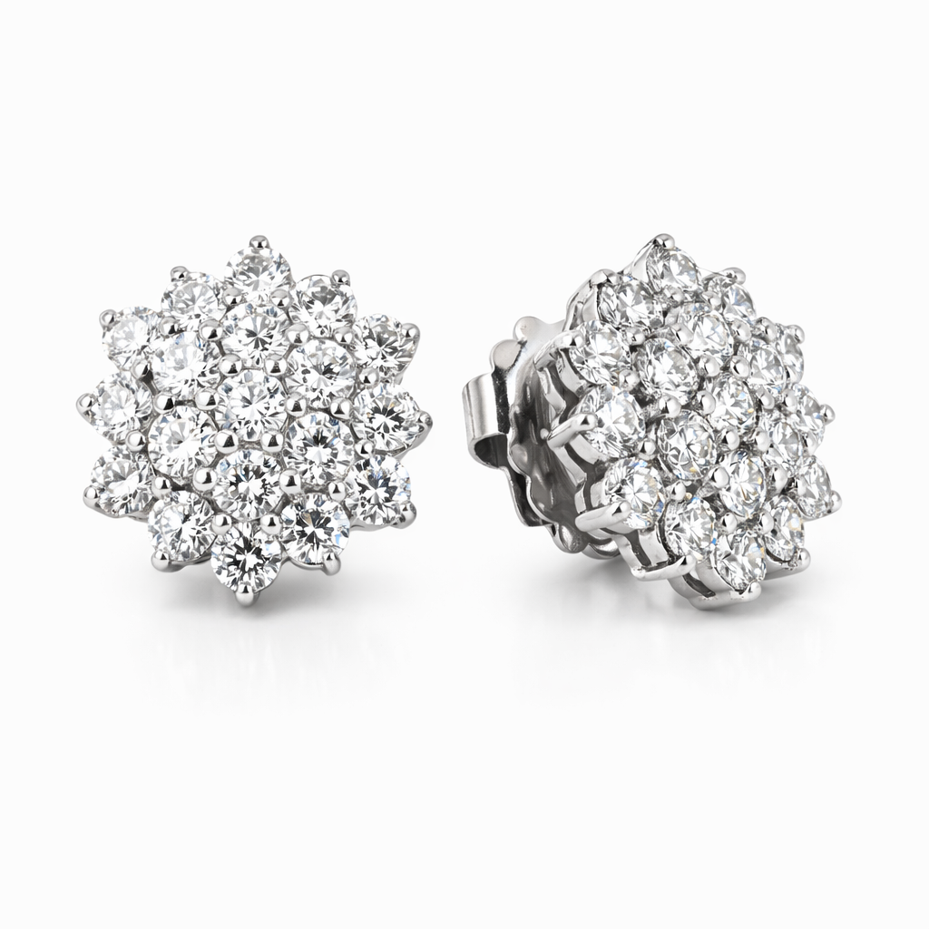 14K White Gold Natural Diamond Cluster Earrings – Genuine Diamond Studs