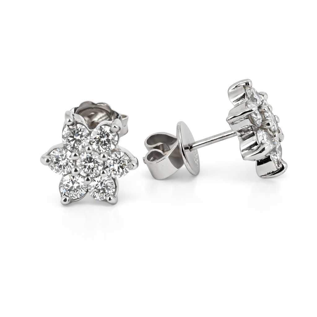 Earrings 14K White Gold Flower Natural Diamond Studs, 1.04 ct Total – Fine Jewelry Gift for Her