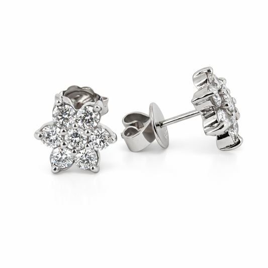 Earrings 14K White Gold Flower Natural Diamond Studs, 1.04 ct Total – Fine Jewelry Gift for Her