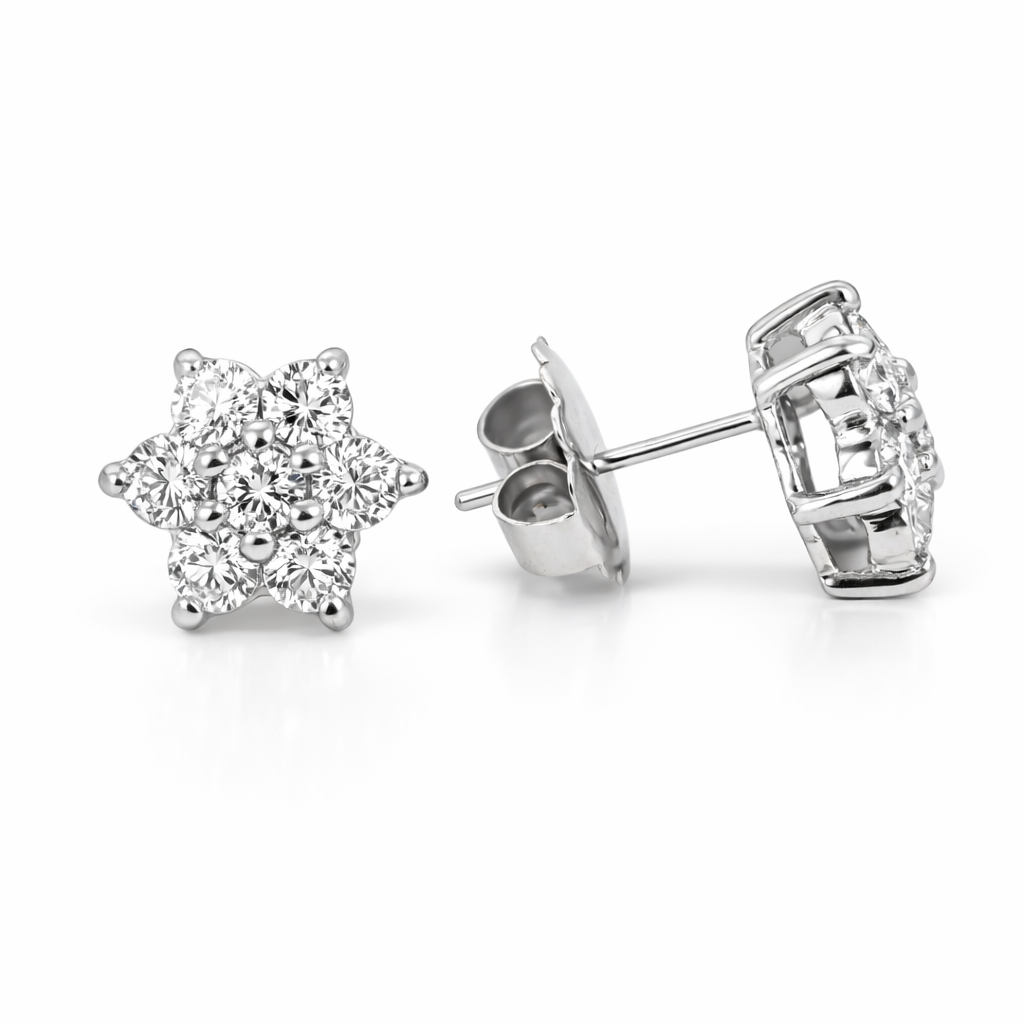 Earrings 14K White Gold Flower Lab Grown Diamond Studs, 1.4 ct Total – Fine Jewelry Gift for Her