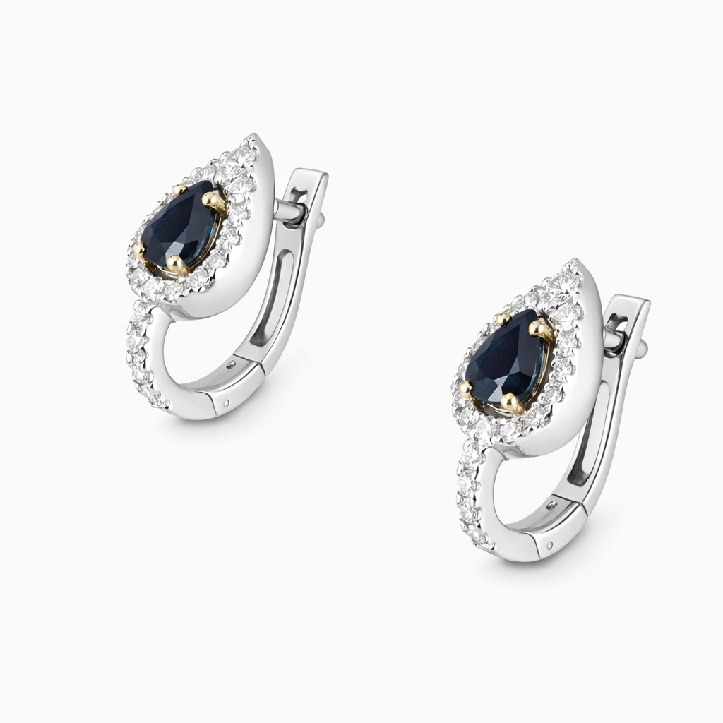 Earrings 14KW Gold Sapphire Pear cut Diamonds