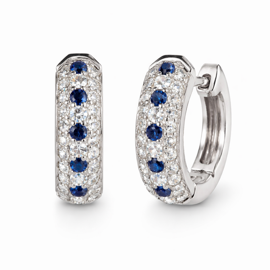Earrings 14KW Gold Diamonds and Sapphires hoops
