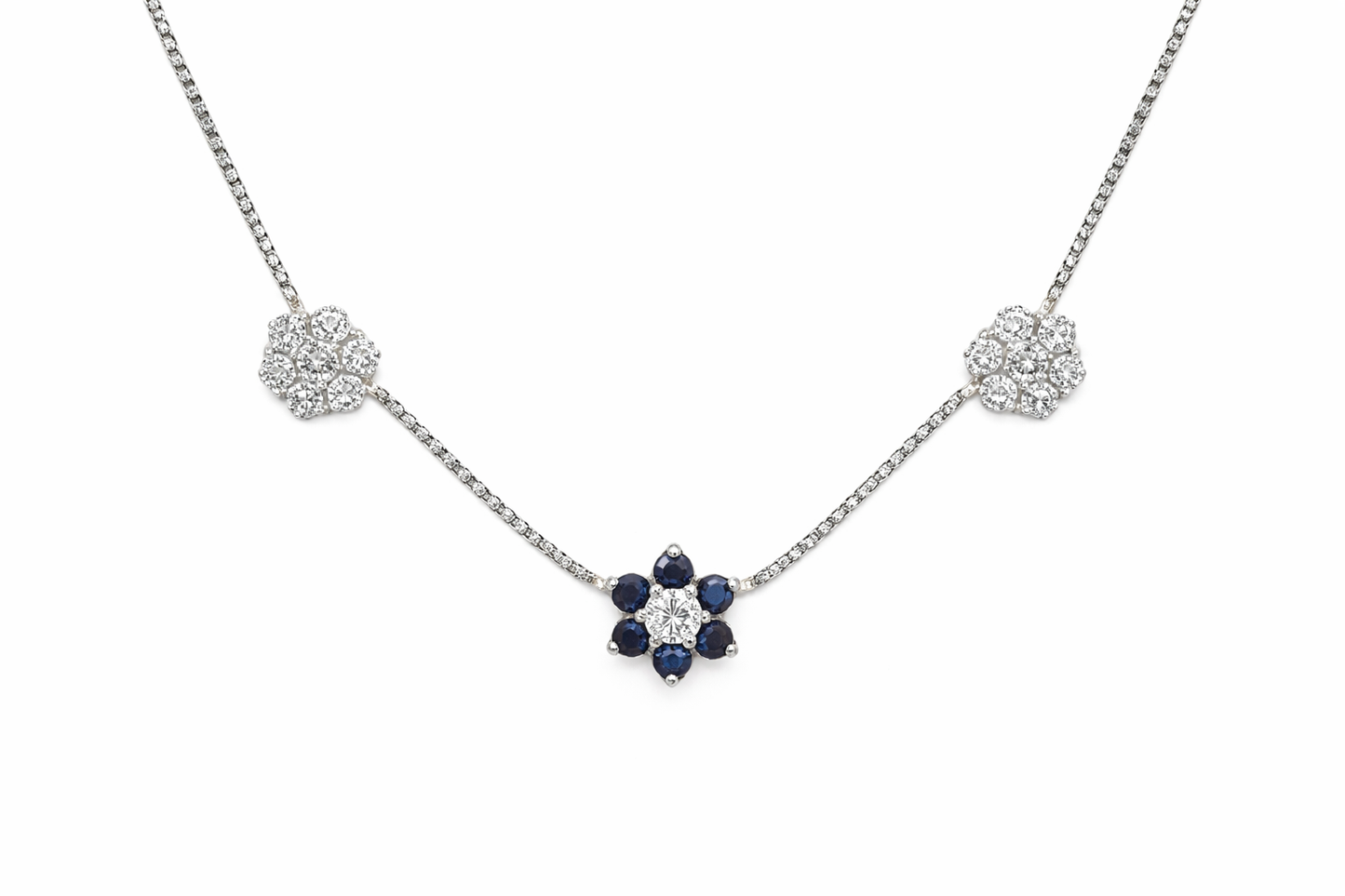 Necklace 3 flowers, 14KW Gold Diamonds Sapphires