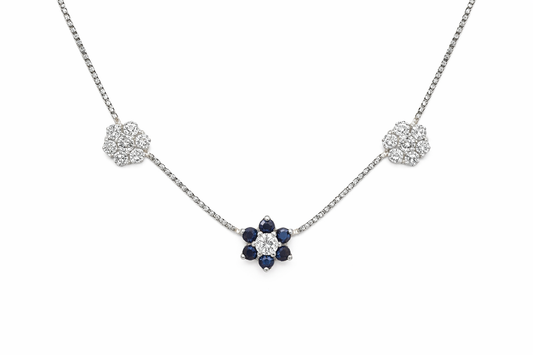 Necklace 3 flowers, 14KW Gold Diamonds Sapphires