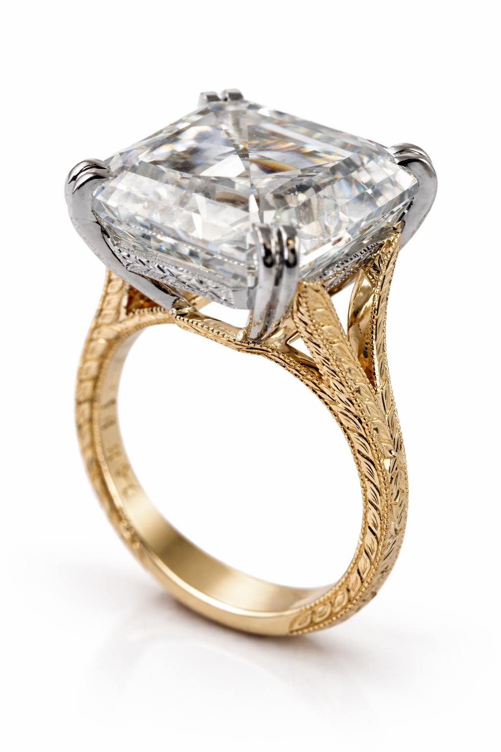 Engagement Ring in Platinum & 18K Yellow Gold, 16 Carat Diamond – Hand Engraved