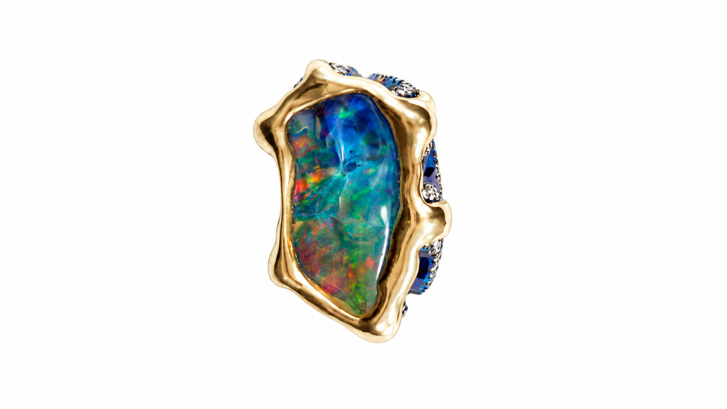 Statement Ring in Titanium & 14K Yellow Gold with Opal and Natural Diamond Accents