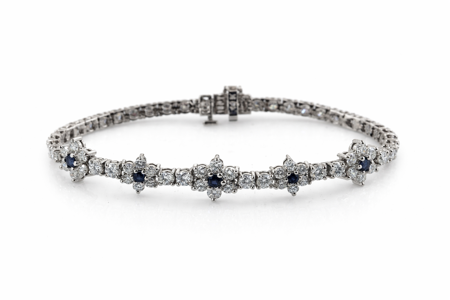 Diamond Tennis Bracelet with 5 Sapphire Snowflakes – 14K White Gold, 5.7 CT Natural Diamonds & Blue Sapphires