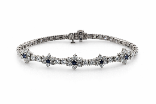 Diamond Tennis Bracelet with 5 Sapphire Snowflakes – 14K White Gold, 5.7 CT Natural Diamonds & Blue Sapphires