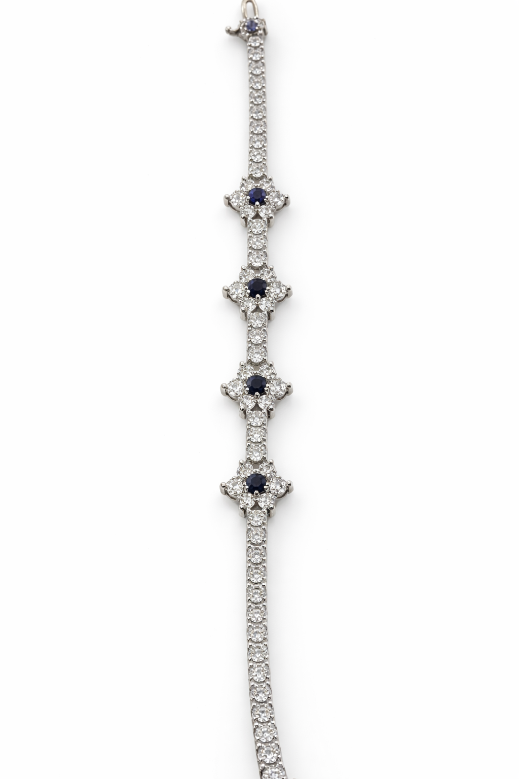 Diamond Tennis Bracelet with 5 Sapphire Snowflakes – 14K White Gold, 5.7 CT Natural Diamonds & Blue Sapphires