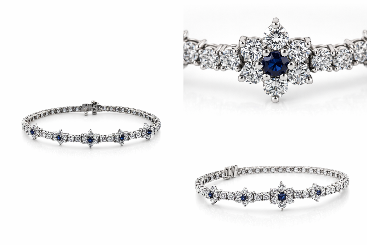 Diamond Tennis Bracelet with 5 Sapphire Snowflakes – 14K White Gold, 5.7 CT Natural Diamonds & Blue Sapphires