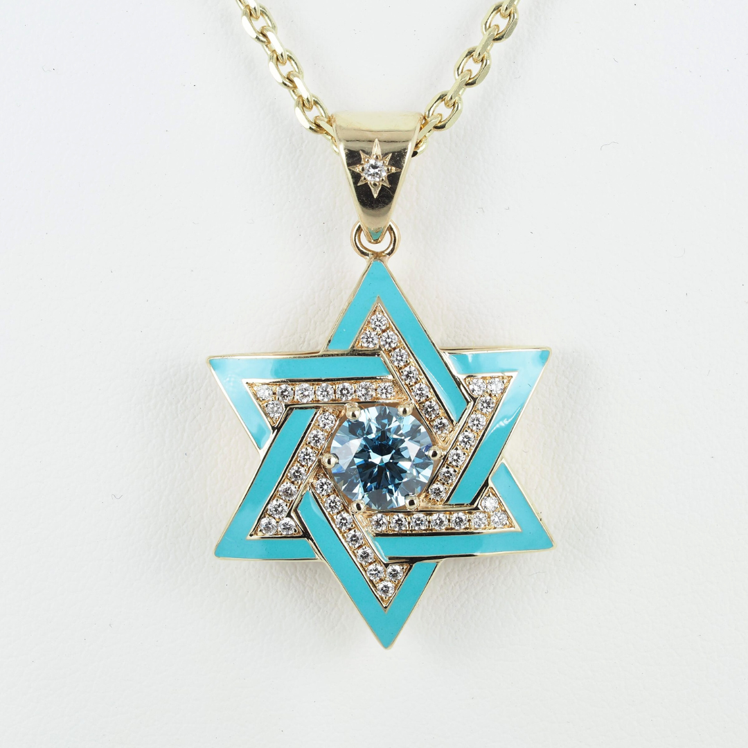 Star of David ( Magen David )  Pendant 14K Yellow Gold with Diamonds, Blue Lab Grown Diamond, and Enamel