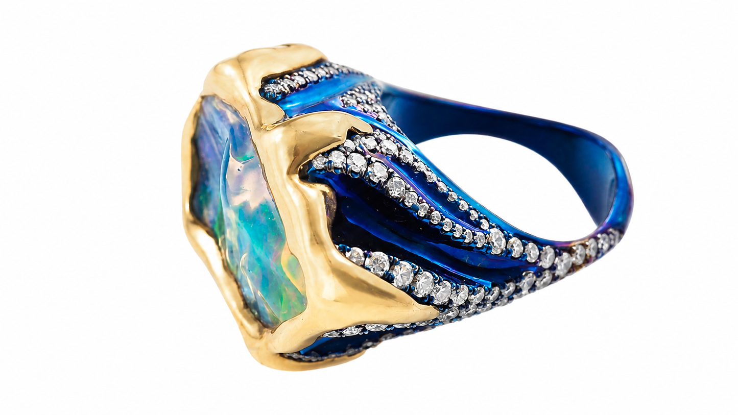 Statement Ring in Titanium & 14K Yellow Gold with Opal and Natural Diamond Accents