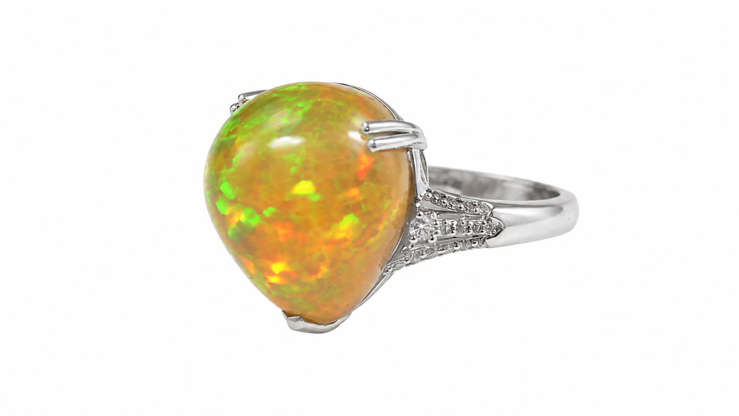 Statement Ring in 14K White Gold with 10 Carat Ethiopian Opal & Diamond Accents