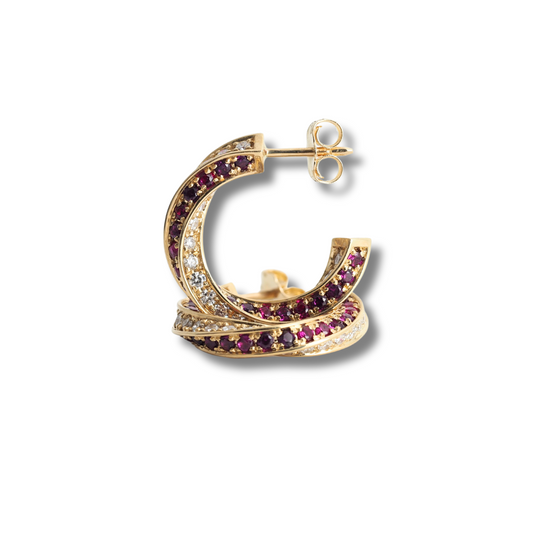 14K Yellow Gold Ruby & Lab Grown Diamond Spin Earrings – 1 Ct Lab Diamonds, 1.3 Ct Ruby – 3/4 Inch Hoops