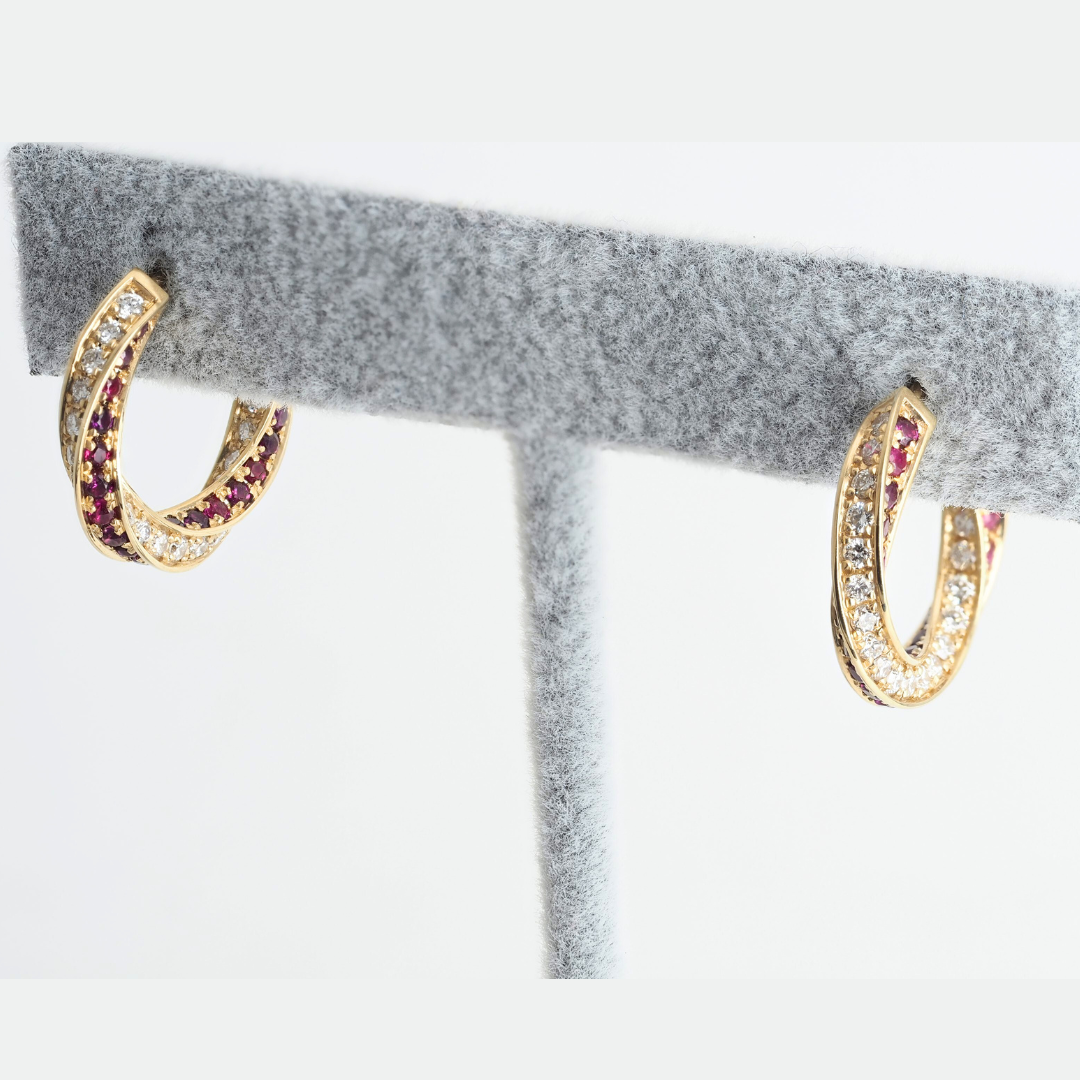 14K Yellow Gold Ruby & Lab Grown Diamond Spin Earrings – 1 Ct Lab Diamonds, 1.3 Ct Ruby – 3/4 Inch Hoops