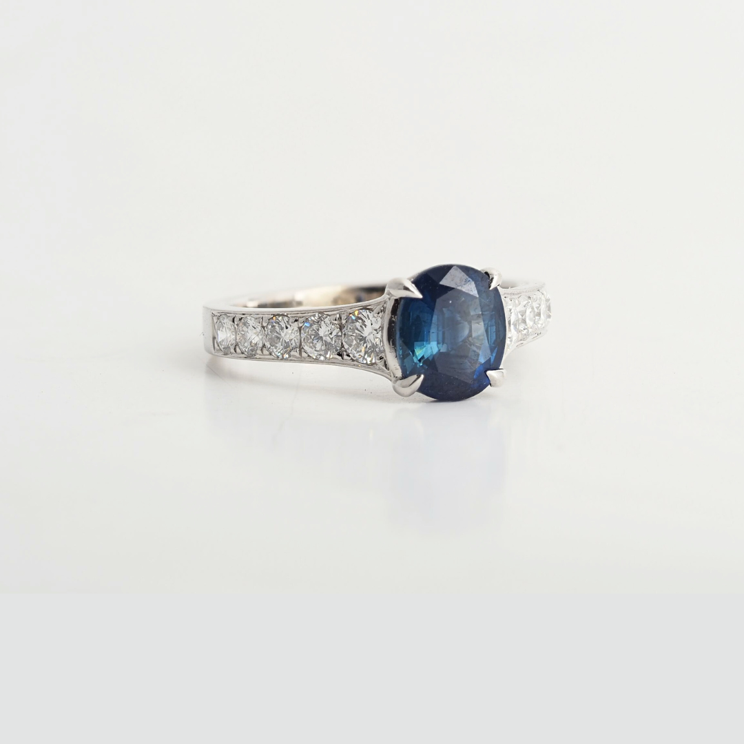 Sapphire Ring 14K White Gold with Natural Diamonds