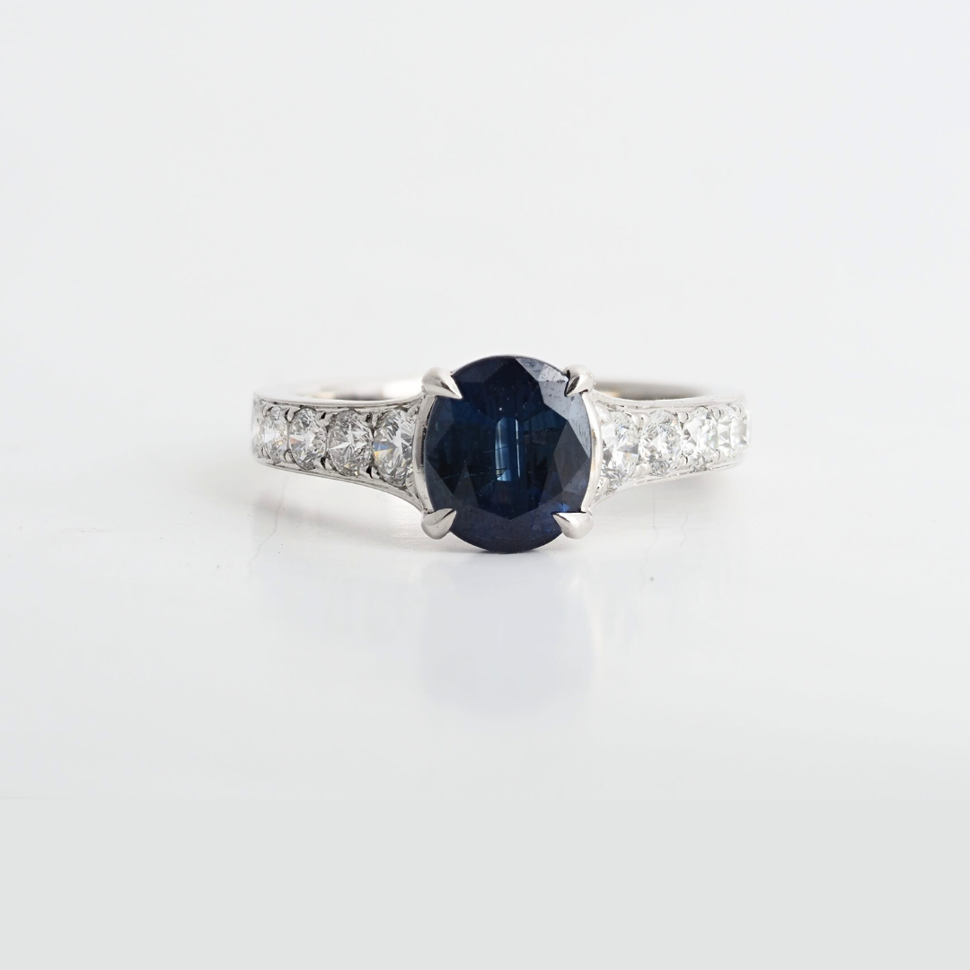 Sapphire Ring 14K White Gold with Natural Diamonds