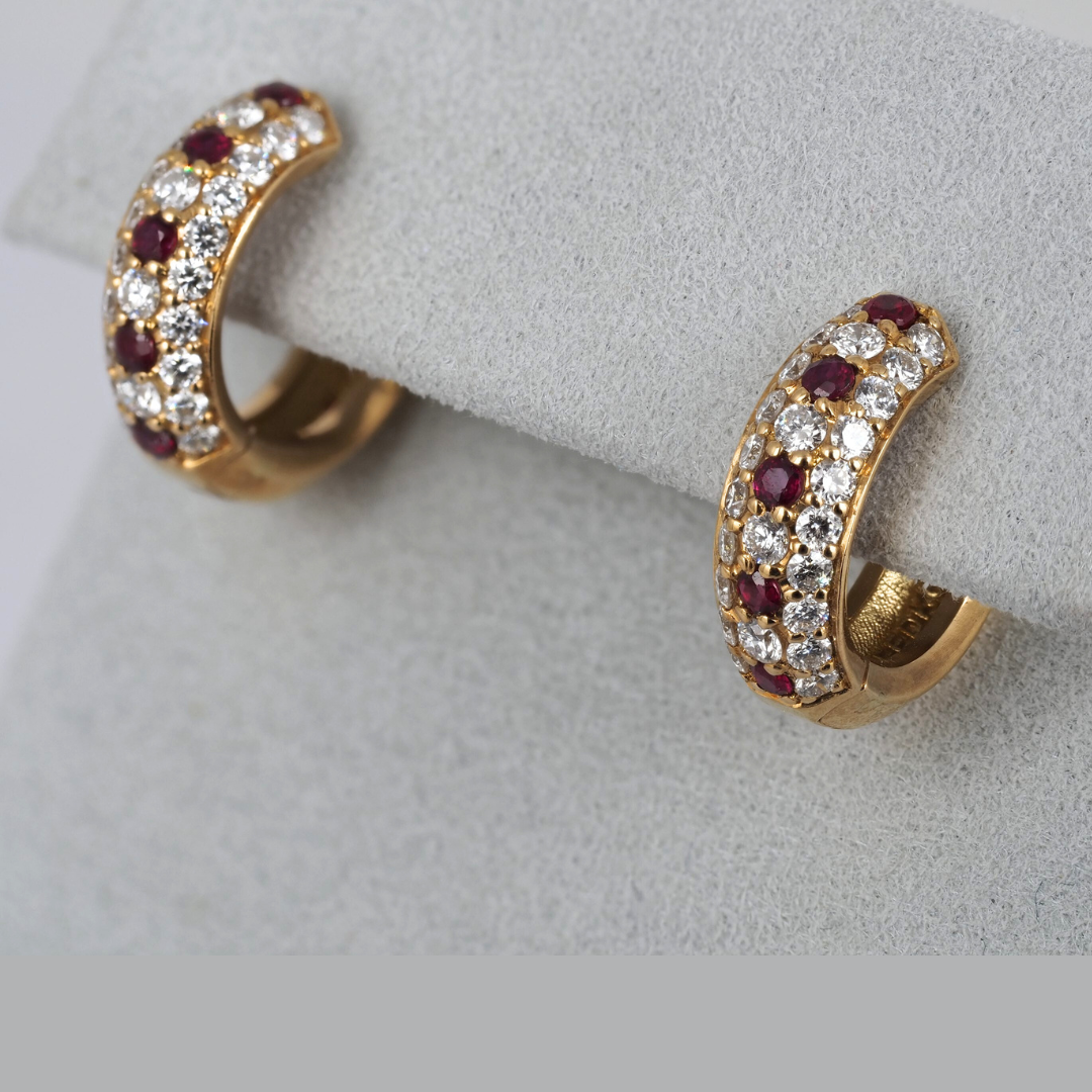 Earrings – Small Diamond and Ruby Hoops, 14K Yellow Gold