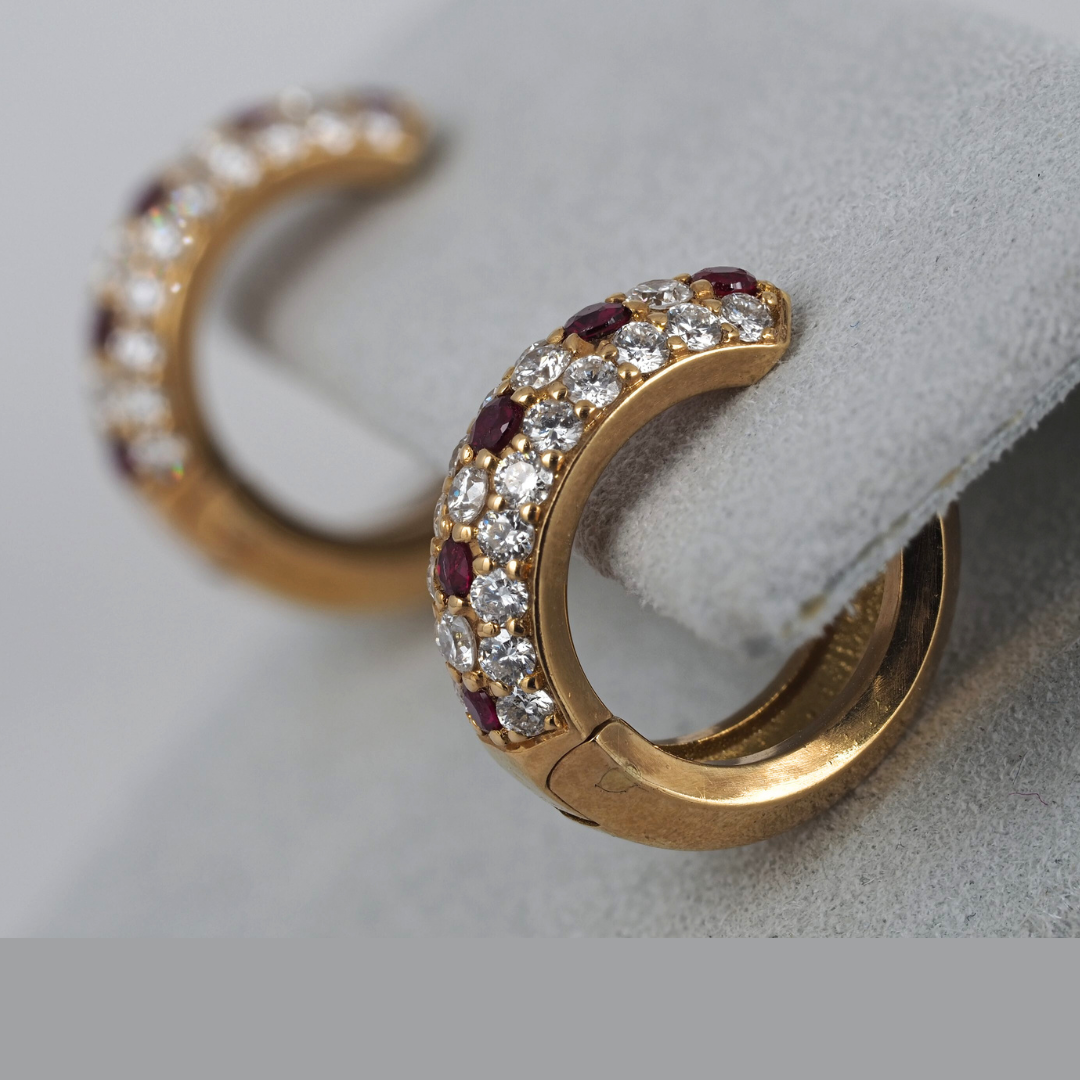 Earrings – Small Diamond and Ruby Hoops, 14K Yellow Gold