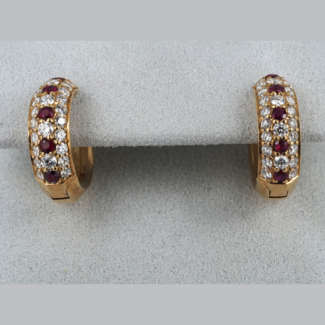 Earrings – Small Diamond and Ruby Hoops, 14K Yellow Gold