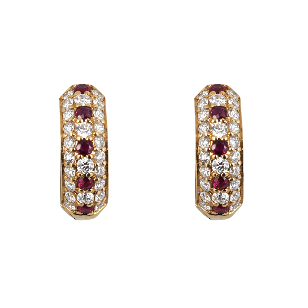 Earrings – Small Diamond and Ruby Hoops, 14K Yellow Gold