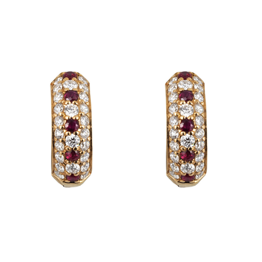 Earrings – Small Diamond and Ruby Hoops, 14K Yellow Gold