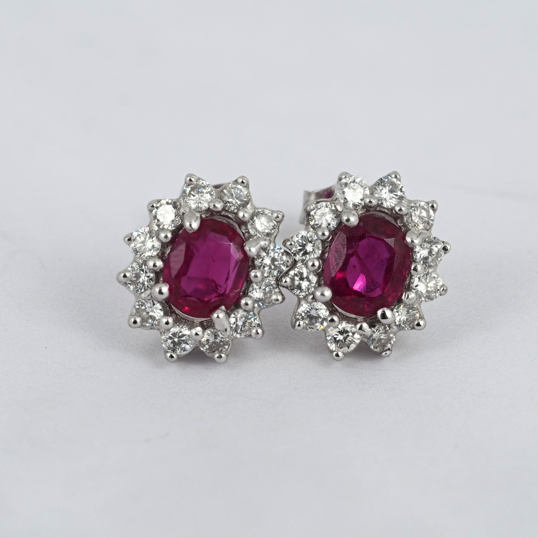 Earrings – Ruby and Diamond, 14K White Gold
