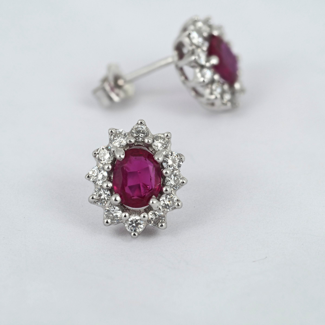 Earrings – Ruby and Diamond, 14K White Gold