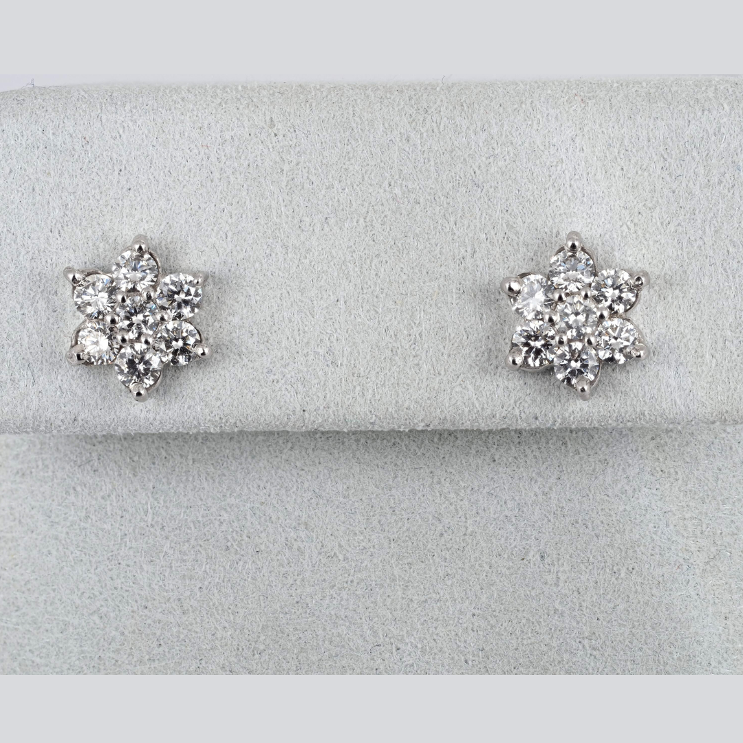 Earrings 14K White Gold Flower Natural Diamond Studs, 1.04 ct Total – Fine Jewelry Gift for Her