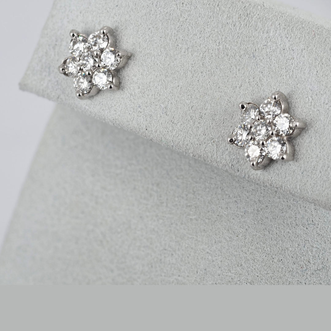 Earrings 14K White Gold Flower Natural Diamond Studs, 1.04 ct Total – Fine Jewelry Gift for Her