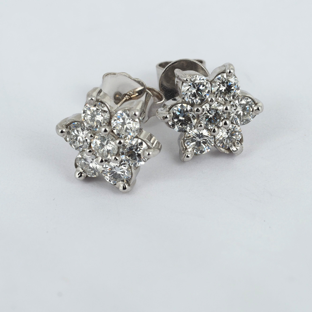 Earrings 14K White Gold Flower Natural Diamond Studs, 1.04 ct Total – Fine Jewelry Gift for Her