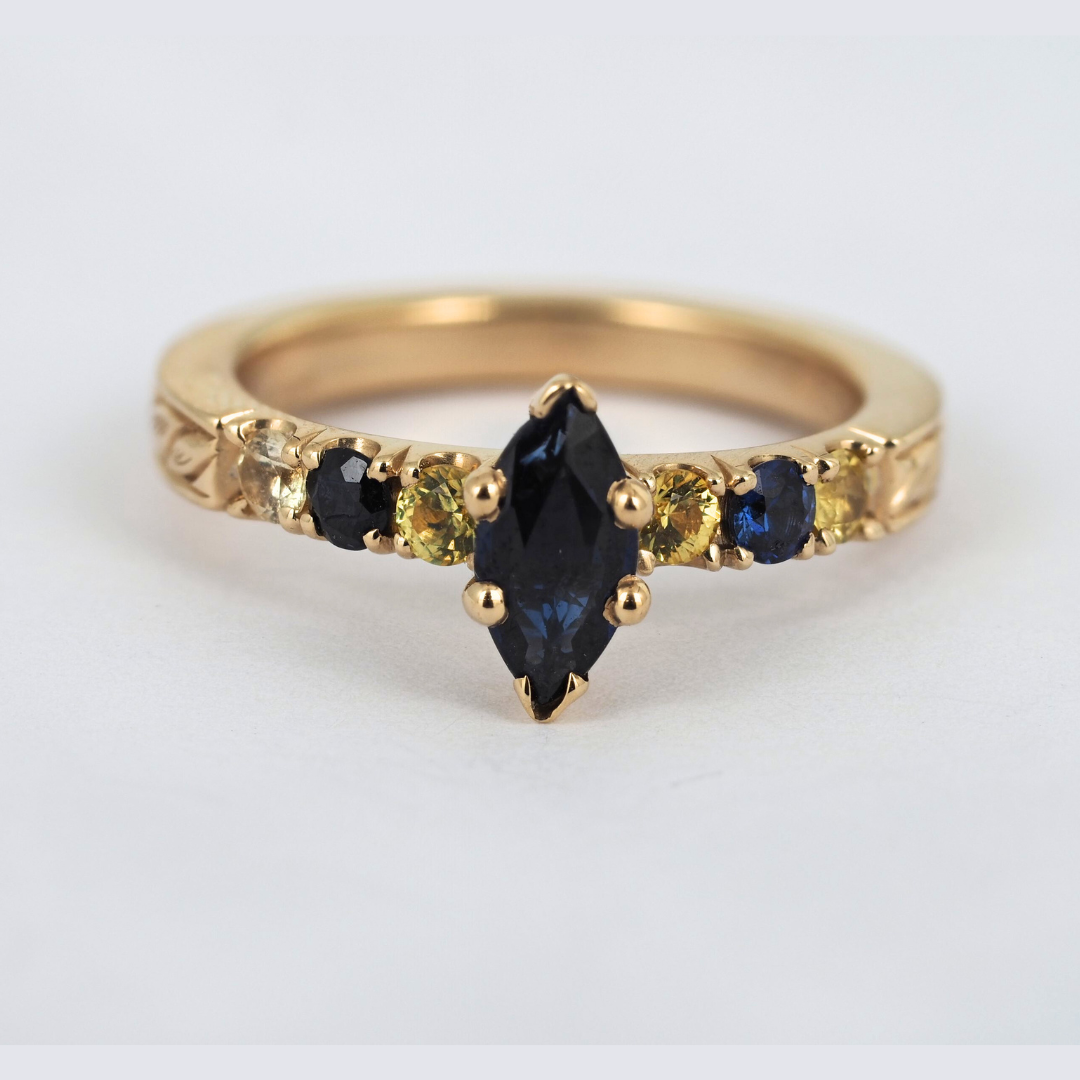 Ring Sapphire 14K Yellow Gold Marquise Blue and Yellow Sapphire