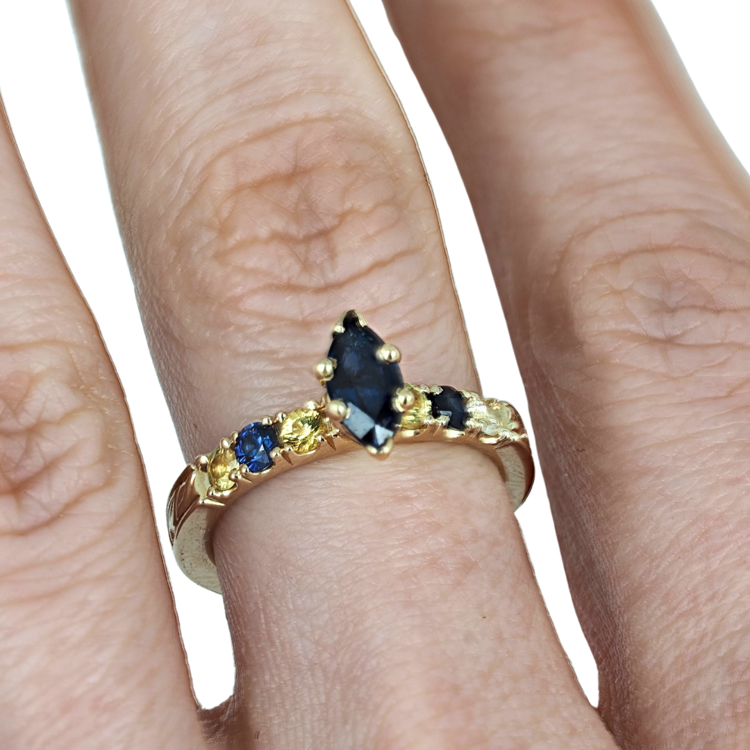 Ring Sapphire 14K Yellow Gold Marquise Blue and Yellow Sapphire